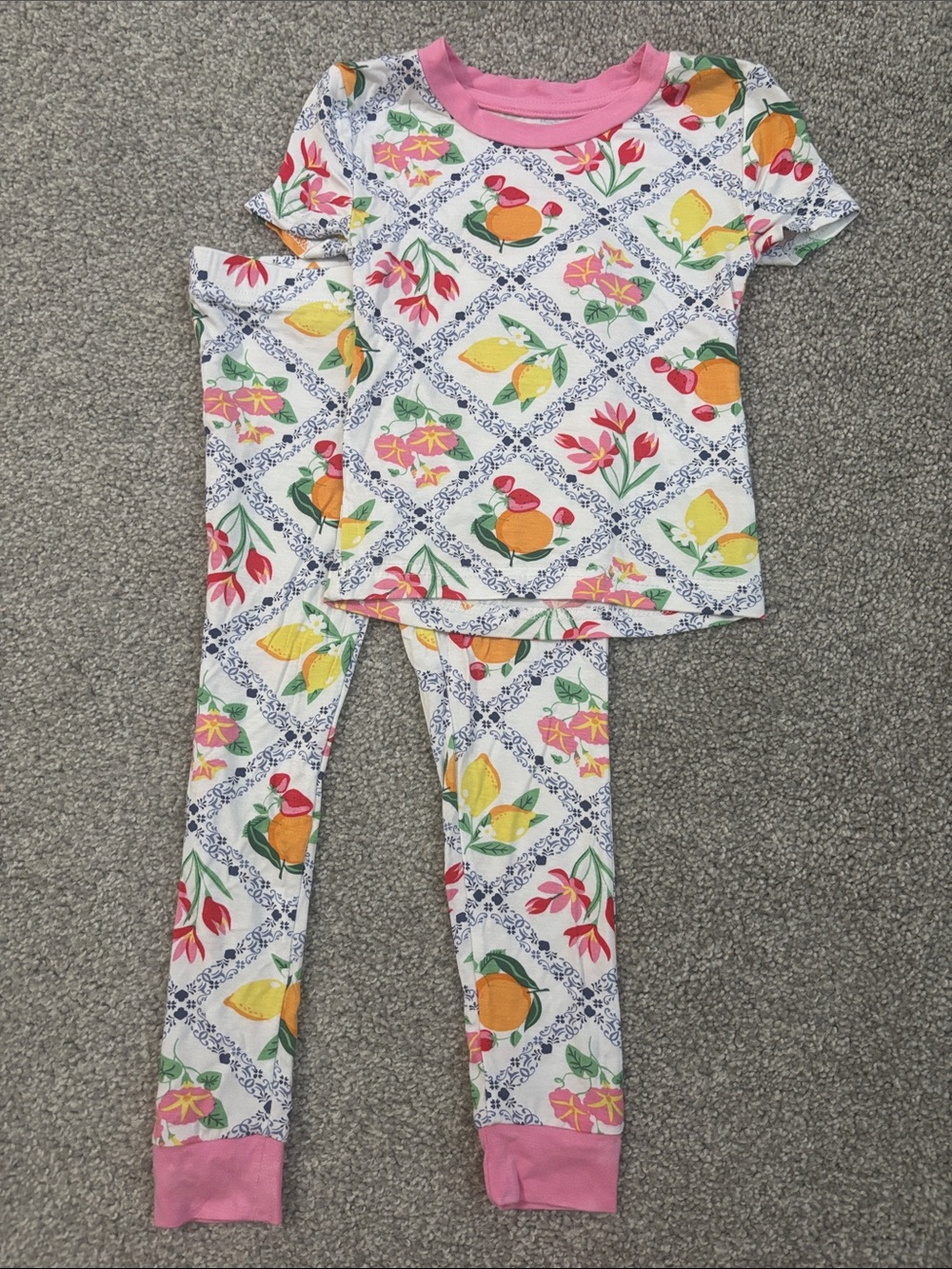 Penelope Mack White Fruit-Print Pajama Set with Pink Trim